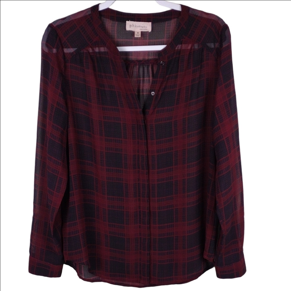 Philosophy Red Blue Plaid Sheer V-Neck Button Front Adjustable Long Sleeve Top